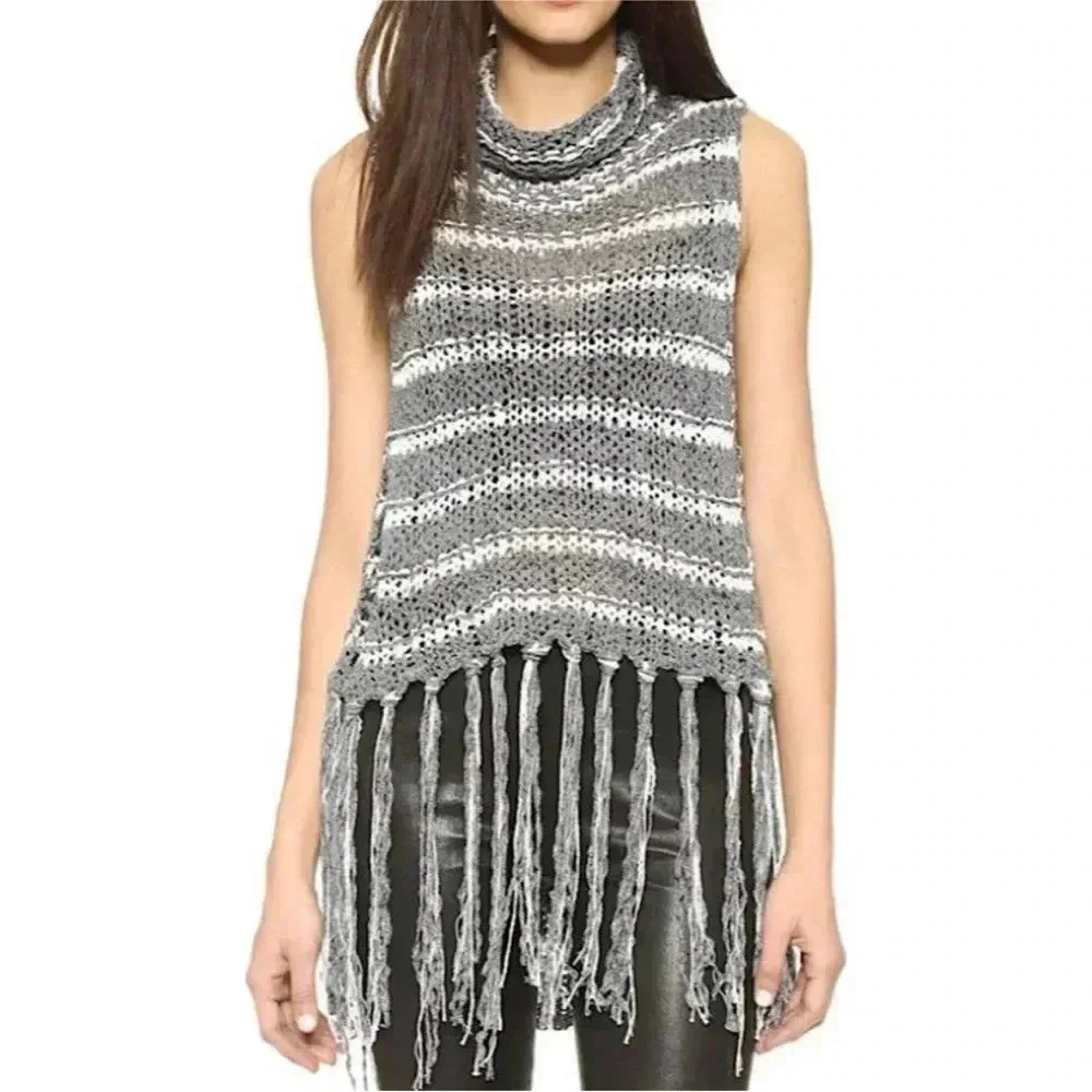FREE PEOPLE Folksong Fringe Turtle Neck Cowl Tunic Sweater Size XS